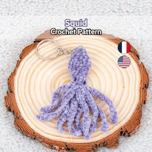 Squid crochet pattern PDF, amigurumi keychain beginner no sew, tutorial download in English and French
