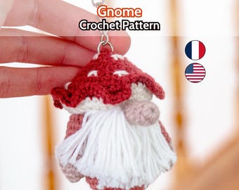 Mushroom gnome crochet pattern PDF, autumn dwarf keyring, Halloween amigurumi, tutorial available for download in French and English