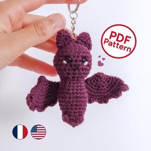PDF-Häkelanleitung für Fledermäuse, Amigurumi-Schlüsselanhänger für Anfänger, Tutorial zum Herunterladen auf Französisch und Englisch