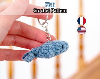 Häkelanleitung für einen Fisch (PDF), Amigurumi-Schlüsselanhänger für Anfänger ohne Nähen, Anleitung zum Herunterladen in Französisch und Englisch