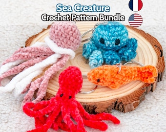 Zestaw 4 wzorów szydełkowych: Zwierzęta morskie, Breloczki amigurumi, Ryby, Meduzy, Kałamarnice, Ośmiornice, Samouczki PDF dla początkujących (FR/EN) do pobrania