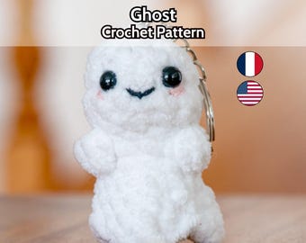 Ghost crochet pattern PDF, amigurumi keychain beginner friendly Halloween, tutorial download in English and French