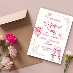 Editable Girly Galentine Invite, Girly Pink Themed Party Invitation, Girl Brunch and Dinner, Hand drawn editable invites