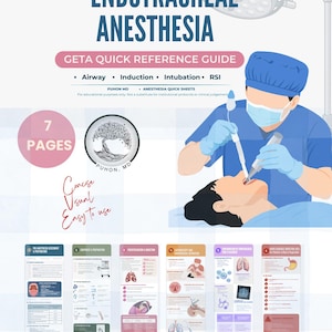 Puede incluir: Una guía de referencia digital de 7 páginas titulada General Endotracheal Anesthesia, que presenta ilustraciones médicas de un clínico realizando una intubación, junto a seis paneles infográficos detallados sobre vías respiratorias e inducción.