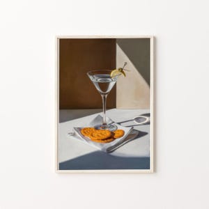 Martini i krakersy serowe Wydruk PNG, słodkie dziwaczne kapryśne | Dekoracja wózka barowego Cocktail Art | Elegancki prezent w postaci obrazu olejnego | Modna ściana kuchenna