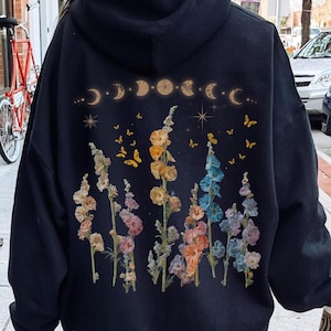 Moonlit Hollyhocks Moonphases Wildflower Botanical Hoodie, Floral Hoodie, Cottagecore Hoodie, Celestial Floral Hoodie, Summer Moonlight