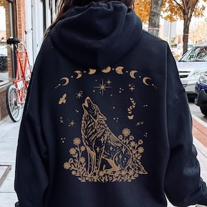 Sweat à capuche loup céleste phase lunaire, sweat à capuche gothique céleste, sweat-shirt loup cottagecore, sweat à capuche imprimé sorcière dans le dos, pull ou sweat à capuche zippé