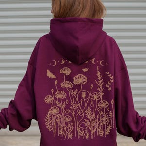 Moonlit Wildflower Botanical Moon Phase Hoodie, Cottagecore Hoodie, Vintage Look Distressed Floral Hoodie,  Plant Lover Hoodie, Gift for Her