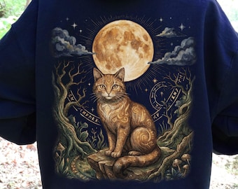 Felpa con cappuccio e gatto zenzero luna piena, felpa gatto celeste, pullover boho gatto strega o felpa con zip