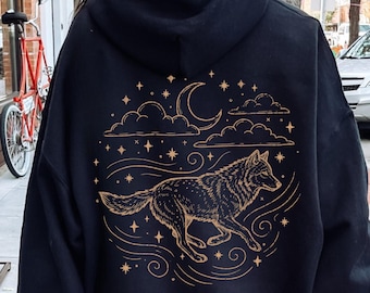 Wolf Starlight Moon Hoodie, Vintage Tier Hoodie, Cottagecore Hoodie, Celestial Wolves Nature Pullover oder Zip Up Hoodie