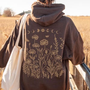 ZIP Moonlit Wildflowers Botanical Moon Phase Hoodie, Cottagecore Hoodie, Vintage Look Distressed Floral Hoodie,  Plant Lover Hoodie