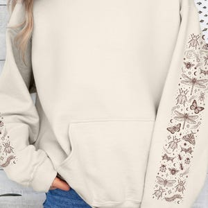 Insects Sleeve Print Hoodie, Moth Beetle Nature Top, Entomophile Shirt, Entomologist Gift, Moon Stars Bugs Pullover Hoodie