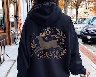 Woodland Deer Woodcut Style Hoodie, Forest Animal Hoodie, Nature Hoodie, Etched Folk Art Hoodie, Back Print, Pullover Or Zip Up Hoodie