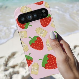 Capa de celular com estampa de morangos e creme, capa fofa de celular vintage kawaii retrô com frutas, Google Pixel 9 8 7 6 Pro XL 5G