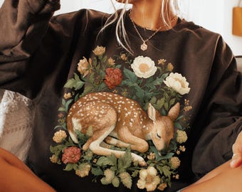 Soft Cozy Fawn Sweatshirt, Enchanted Forest Deer Sweatshirt, Cottagecore Wildlife Sweatshirt, Floral Woodland Top