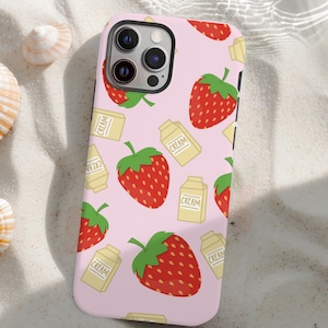 Capa de celular de papelão com morangos e creme, capa fofa vintage kawaii retrô com frutas, iPhone 16, 15, 14, 13, 12, 11, 8 Plus, Pro Max Mini