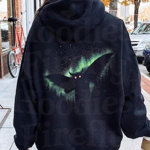 Retro Mothman Aurora-huvtröja, Mothman norrskenströja, gotisk vildmarkshuvtröja, ryggtryckt huvtröja, pullover eller huvtröja med dragkedja