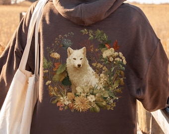 Artic Wolf Hoodie, Dark Floral Woodland Hoodie, Cottagecore Wolf Hoodie, Mystical Wilderness Animal Hoodie Gift, Pullover or Zip Up Hoodie