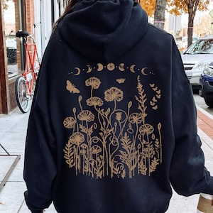 Moonlit Wildflowers Botanical Moon Phase Hoodie, Plant Lover Cottagecore Hoodie, Vintage Distressed Floral Hoodie, Pullover Or Zip Up Hoodie