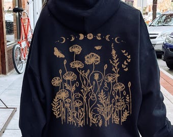 Moonlit Wildflowers Botanical Moon Phase Hoodie, Plant Lover Cottagecore Hoodie, Vintage Distressed Floral Hoodie, Pullover Or Zip Up Hoodie