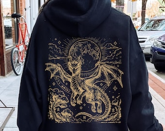 Woodcut Medieval Dragon Hoodie, Fantasy Dragon Hoodie, Gothic Dragon Art Hoodie, Pullover Or Zip Up Hoodie