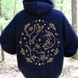 Starlit Cat Trio Hoodie, Cottagecore Cat Hoodie, Cute Cat Shirt, Celestial Moon Stars Hoodie, Cozy Witch Hoodie, Pullover Or Zip Up Hoodie
