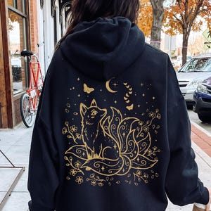 Celestial Kitsune Hoodie, 9 Tailed Fox Hoodie, Japanese Mythology Hoodie, Mystic Fox Cherry Blossom Pullover Or Zip Up Hoodie