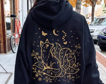 Moletom com capuz Celestial Kitsune, Moletom com capuz Raposa de Nove Caudas, Moletom com capuz inspirado na mitologia japonesa, Moletom com capuz Mystic Fox Cherry Blossom (pulôver ou moletom com zíper)