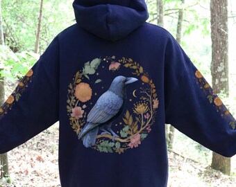 Sleeve Print Floral Celestial Raven Hoodie, Moon Stars Crow Sweatshirt, Mystical Gothic Cottagecore Hoodie, Back Print Hoodie