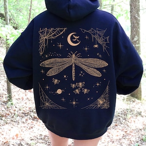 Felpa con cappuccio Dragonfly Garden Celestial Cottagecore Goblincore, felpa con cappuccio vintage con insetti, regalo per giardiniere, pullover o felpa con cappuccio con cerniera
