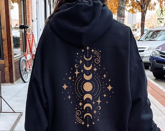 Celestial Vertical Moon Phase Hoodie, Moon Stars Sweatshirt, Boho Unisex Shirt, Mystical Moon Hoodie, Witchy Pullover Or Zip Up Hoodie