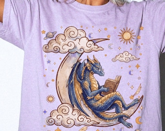 Comfort Colors Moon Dragon Reading Glasses T-Shirt, Reading Dragon Shirt, 100% Cotton Fantasy Reader Tee, Short Or Long Sleeve Tshirt