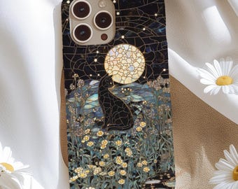 Black Cat Moon Wildflowers Faux Stained Glass iPhone Case 17 16 15 14 13 12 Plus Pro Max, Samsung Galaxy s26 s25 s24 s23, Google Pixel 9 8
