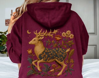 Woodland Deer Celestial Forest Tapestry Style Hoodie, Medieval Folk Art Design, Millefleurs Style Motif, Pulloer Or Zip Up Hoodie