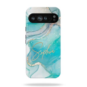 Personalized Aqua and Gold Watercolor Marble Phone Case, Custom Name Phone Cover, Gift for Her, Google Pixel Phone Cover 9 8 7 6 Pro XL 5G