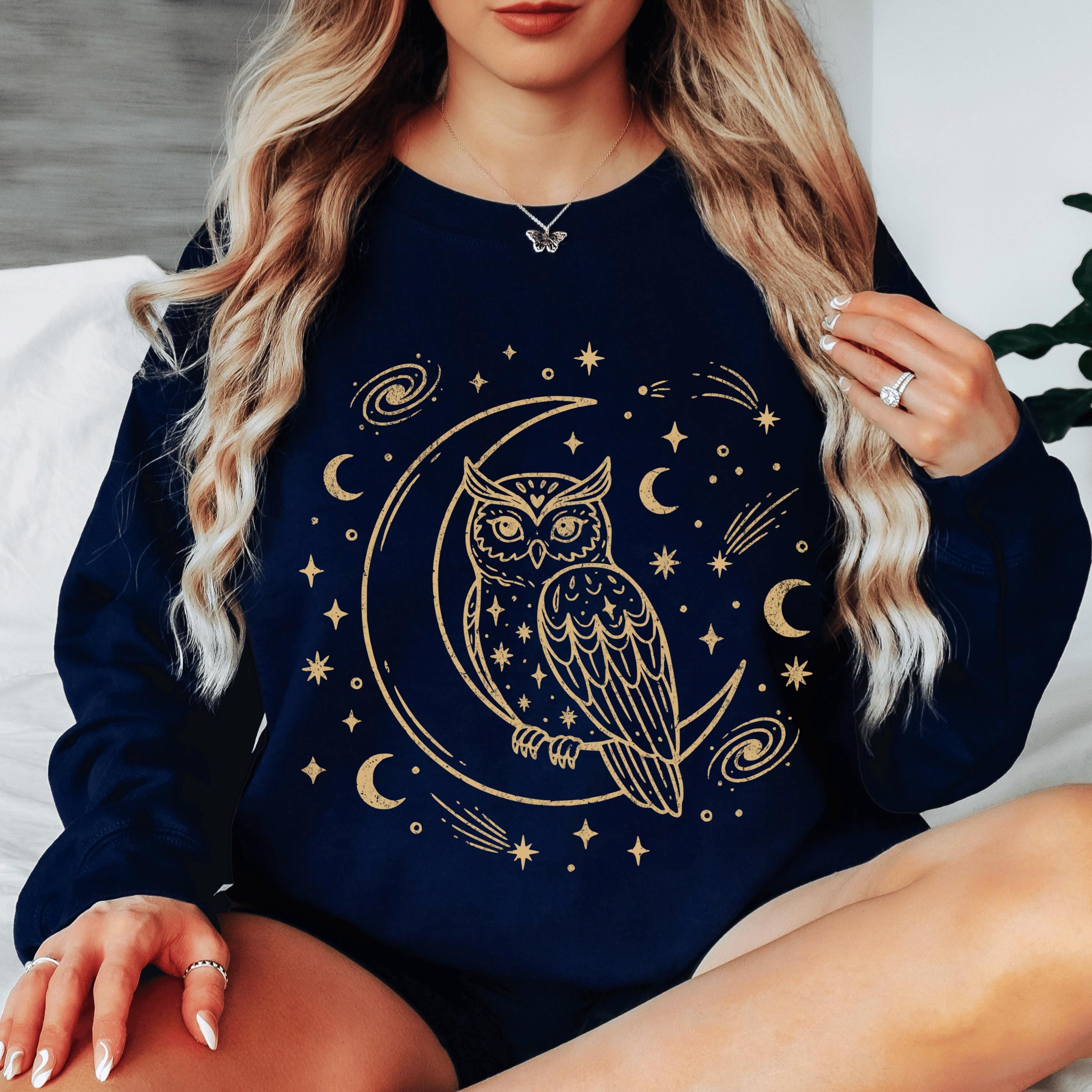 Owl In The Moon Sweatshirt, Celestial Owl Sweatshirt, Moon Owl Pullover, Whimsigoth Bird Clothing, U