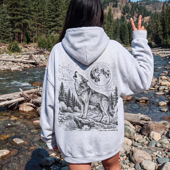 Vintage Howling Wolf Hoodie, Howling Wolf Woodcut Hoodie, Vintage Lunar Wildlife, Retro Engraved Art, Pullover Or Zip Up Hoodie