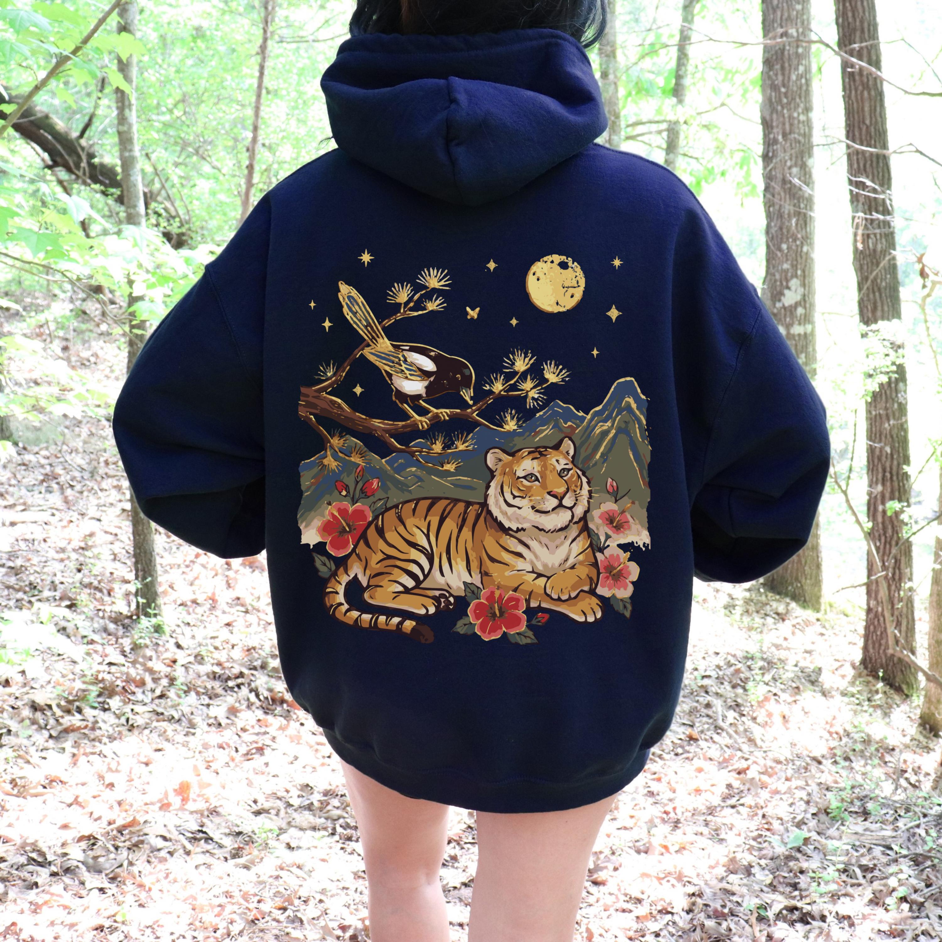 Korean Folk Art Legend Magpie Tiger Hoodie, Mythic Animal Hoodie