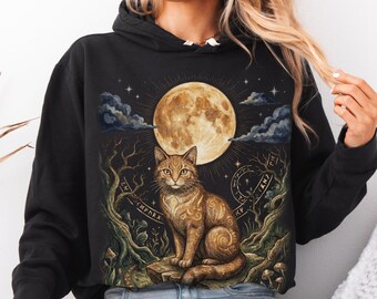 Full Moon Ginger Cat Hoodie, Comfort Colors Celestial Gothic Hoodie, Full Moon Night Scene Pullover, Front Print Hoodie, 100% Cotton Hoodie