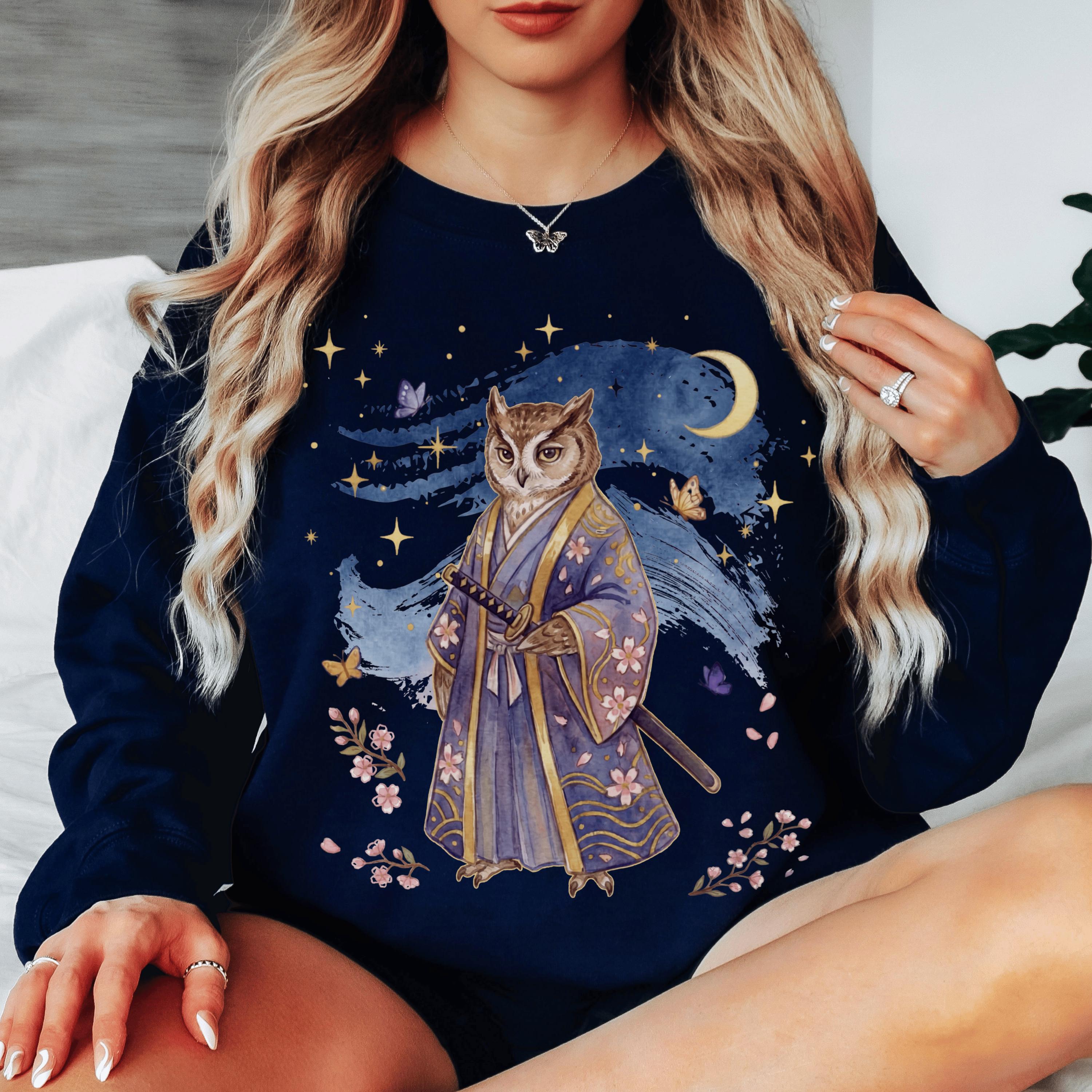Samurai Owl Sakura Sweatshirt, Whimsigoth Owl Sweatshirt, Anime Japan Shirt, Mystical Owl Boho Pullo