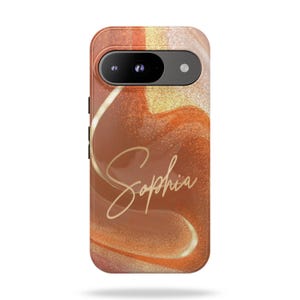 Personalized Ochre And Gold Watercolor Marble Phone Case, Custom Name Phone Cover, Gift for Her, Google Pixel Phone Cover 9 8 7 6 Pro XL 5G