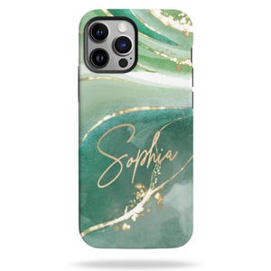 Personalized Jade And Gold Watercolor Marble Phone Case, Custom Name Phone Cover, Gift for Her, iPhone 16 15 14 13 12 11 8 Plus Pro Max Mini