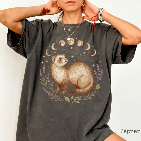 Comfort Colors Woodland Lavender Ferret Moon Phases Wildflowers T-Shirt, Retro Animal Shirt, 100% Cotton Tee, Short Or Long Sleeve Tshirt