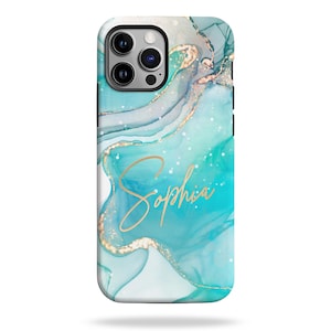 Personalized Aqua and Gold Watercolor Marble Phone Case, Custom Name Phone Cover, Gift for Her, iPhone 16 15 14 13 12 11 8 Plus Pro Max Mini