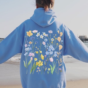 Pastel Wildflowers Botanical Hoodie, Cottagecore Hoodie, Floral Hoodie, Nature Lover Hoodie, Plant Lover Hoodie, Gift for Her