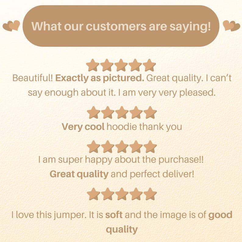 Puede incluir: Un gr&aacute;fico de rese&ntilde;as de clientes con el texto What our customers are saying! seguido de cuatro conjuntos de valoraciones de cinco estrellas. El texto incluye comentarios positivos sobre una sudadera y un jersey, destacando calidad y suavidad.