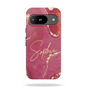 Personalized Raspberry Gold Watercolor Marble Phone Case, Custom Name Phone Cover, Gift for Her, Google Pixel Phone Cover 9 8 7 6 Pro XL 5G