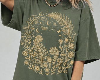 Comfort Colors Celestial Ferns In Midnight Forest T-shirt, Forestcore Botanical Shirt, 100% Cotton Nature Tee, Short Or Long Sleeve Tshirt