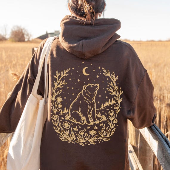 Stargazing Brown Bear Hoodie, Unisex Hoodie, Cottage Core Hoodie, Moon Stars Vintage Botanical, Nature Graphic Pullover Or Zip Up Hoodie