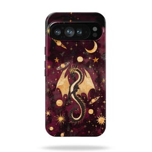 Celestial Dark Red Dragon Phone Case, Gold Stars Planets Fantasy Gothic Phone Case, Google Pixel 9 8 7 6 Pro XL 5G